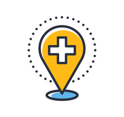 Hospital location icon. Medical location icon isolated on white background. Design elements, colored. Element for mobile concepts and web apps. Flat style vector illustration.