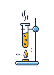 Chemical reaction icon. Flask, test tube is heated above the fire isolated on white background. Design elements, colored. Element for mobile concepts and web apps. Flat style vector illustration.