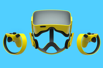 Virtual reality glasses and yellow controllers for online gaming on blue