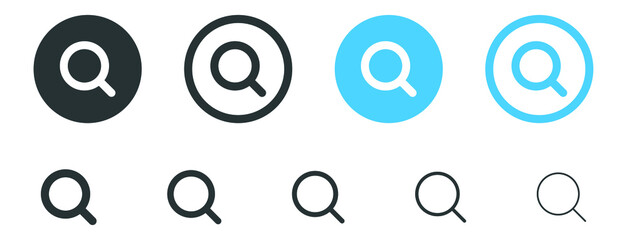 Search icon button, magnifying glass symbol, Magnifier loupe icon, glass, find, view icons buttons set in filled, thin line, outline and stroke style for apps and website