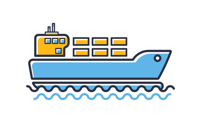 Cargo ship icon. Freighter with parcels, boxes, goods isolated on white background. Design elements, colored. Element for mobile concepts and web apps. Flat style vector illustration.