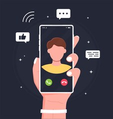 Man hold smartphone using video calling with friend. Call the service. Isolated concept close up hands with modern device, app technology for communication. Video call illustration.