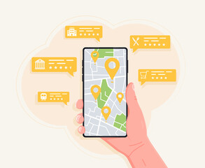 Handheld mobile phone with navigation location check and gps concept. Company address, contact us page, website menu bar, maps and location, user experience landing and mobile app vector UI template.