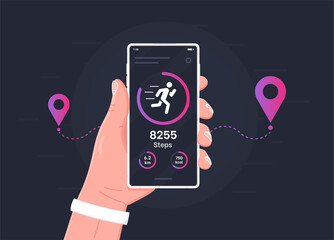 Pedometer concept.Fitness tracking app on mobile phone screen illustration flat cartoon style, smartphone with run tracker, running or walk steps counter sport tech on cellphone. Vector illustration.