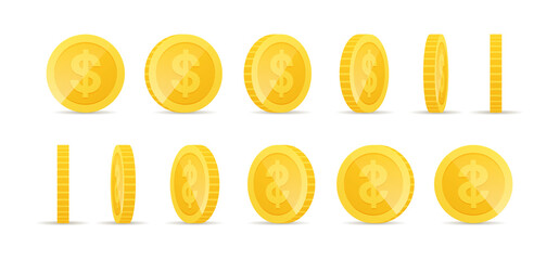 Gold coins in different positions. Set of rotating gold coins. Golden money set. Golden shiny cash coin, jackpot coin dollar, gold treasure prize, golden money vector illustration icons set. - obrazy, fototapety, plakaty