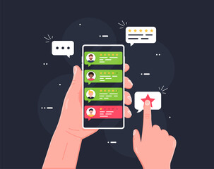 Holding phone in hand and rate content with a star mockup.User rating, bookmark and evaluation icon in the bubble over mobile phone. Social media concept of user opinion, review, feedback.