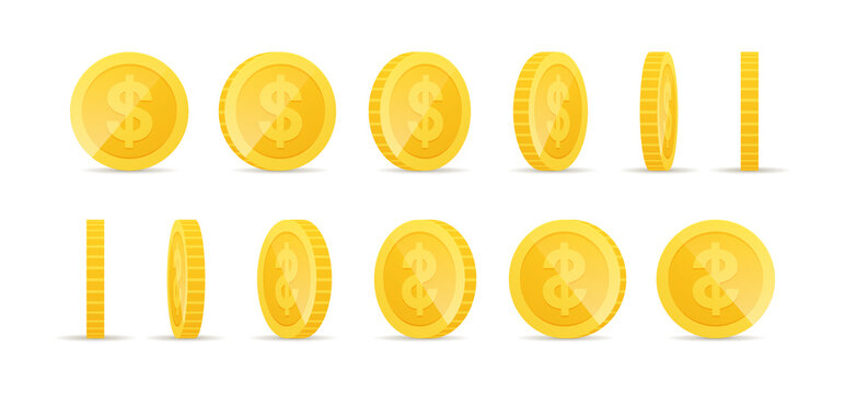 Gold coins in different positions. Set of rotating gold coins. Golden money set. Golden shiny cash coin, jackpot coin dollar, gold treasure prize, golden money vector illustration icons set.