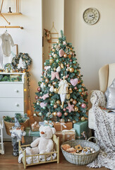 Christmas children's room and bedroom. White, pink and tiffany decor christmas tree background. New Year celebration. Merry Christmas and Happy New Year.