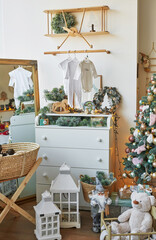 Christmas children's room and bedroom. White, pink and tiffany decor christmas tree background. New Year celebration. Merry Christmas and Happy New Year.