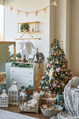 Christmas children's room and bedroom. White, pink and tiffany decor christmas tree background. New Year celebration. Merry Christmas and Happy New Year.