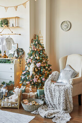 Christmas children's room and bedroom. White, pink and tiffany decor christmas tree background. New Year celebration. Merry Christmas and Happy New Year.
