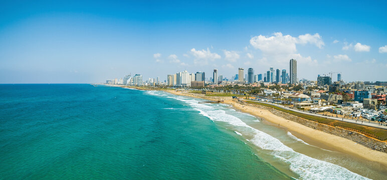 Panoramic aerial view of Tel-Aviv coastal beach and hotels skyline, Tel Aviv, Israel.