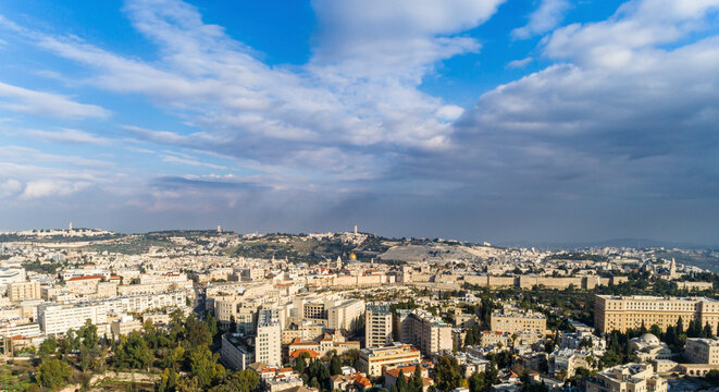 Aerial view of Jerusalem city and the old city of Jerusalem with the golden Dome of the Rock, Jerusalem, Israel.