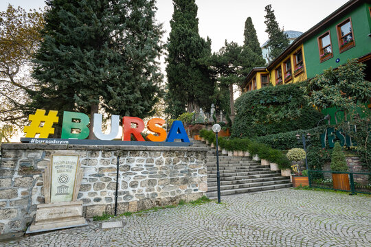Bursa, Turkey - November 2021: Bursa monument for tourists at UNESCO Green Tomb site in Bursa