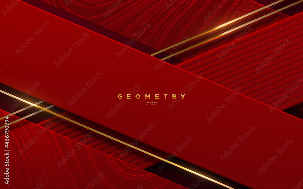 Wall mural abstract red background with golden glowing strings.