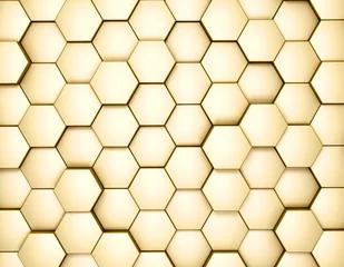Tapeten Abstract 3D geometric background, gold hexagons metallic shapes stacks, 3d rendering © innluga