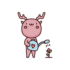 cute deer watering the flower. cartoon for sticker.