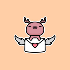 cute deer holding letters with wings. cartoon for sticker.