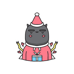 Cute black cat with gift box celebrate Christmas. cartoon for sticker.