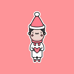 cute boy holding heart symbol and celebrate Christmas. cartoon for sticker.