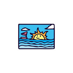 Obraz premium ship, sea and sunset. cartoon illustration for badge.
