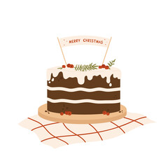 Christmas cake  decorated with holly berries, icing on a napkin. Winter sweet celebration cake homemade. Vector illustration in cartoon style. Isolated on white background.