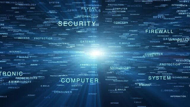 Shining security secure electronic digital computer technology network word cloud. Shining light and blue words animation background.
