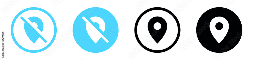 Poster Location pin icon, no location ban icon, map pointer marker symbol, gps map pin icon button in filled, thin line, outline and stroke style for apps and website