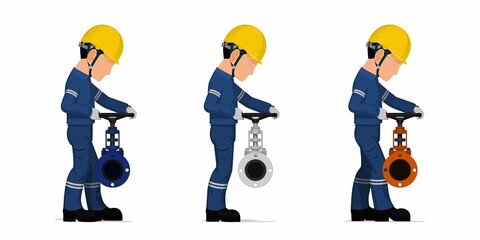 Naklejka premium Set of worker is operating valve on white background