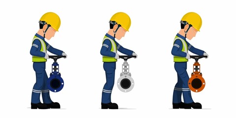 Set of worker is operating valve on white background