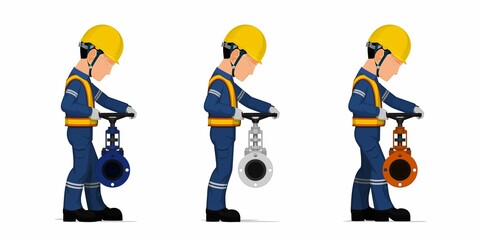Set of worker is operating valve on white background