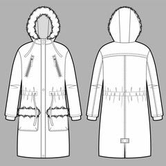 Vector illustration of women's parka with fur on the hood and pockets. - obrazy, fototapety, plakaty
