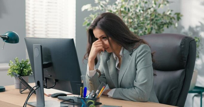 Heartbroken sad upset office worker sits in front of computer, checks bad news, large amount of work, bureaucracy, loss of money, contract, reverie to solve problem, unusual situation, bankruptcy