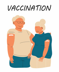 After vaccination concept vector. Coronavirus vaccine company. Injection in shoulder was successfully. Multi races of women and men after getting vaccine.