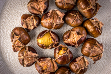 Close-up of the roasted chestnuts on a plate