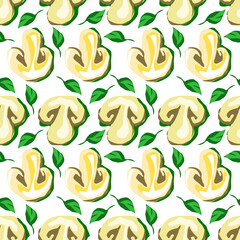 Mushrooms seamless pattern: champignon and liaves. Vector illustration in cartoon style