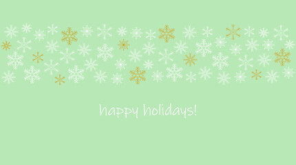 Horizontal Christmas or holiday border with white and gold snowflakes and Happy Holidays greeting on green background. Wallpaper or backdrop design.