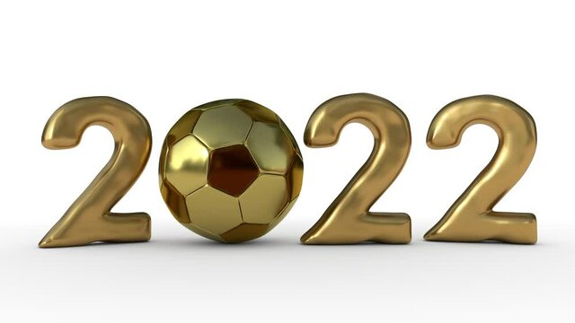 3d animation of the date 2022 made of golden letters and a golden soccer ball. The idea of the new year 2022 and the World Cup. The era of football, the era of sports.