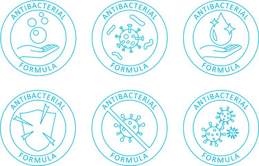 Antibacterial icon set. Against viruses and bacteria. Sanitizer label. Antibacterial sign for goods.