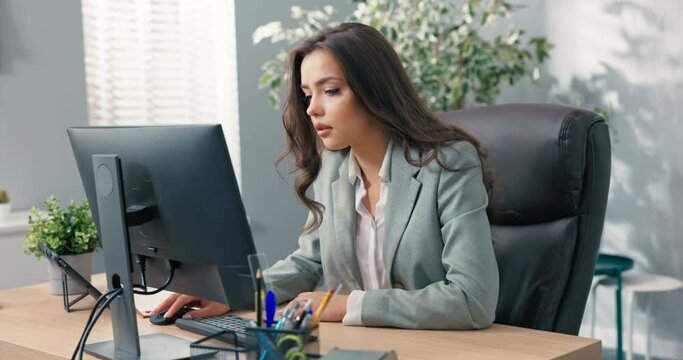 Heartbroken sad upset office worker sits in front of computer, checks bad news, large amount of work, bureaucracy, loss of money, contract, hit desk outrage, shouting