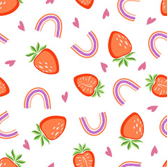 Seamless pattern with strawberries, rainbows and hearts on a white background