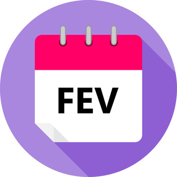 white and pink calendar page with FEV month abbreviation in Brazilian Portuguese written in black and a purple circle background whith shadows clipart vector editable changeable image