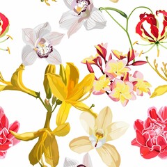 Seamless pattern with yellow Oleander, orchids, plumeria flower. Rhododendron Cosmopolitan flowers on white background. 