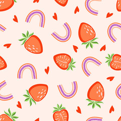 Seamless pattern with strawberries, rainbows and hearts on a pink background