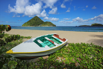 Wooden boat stored on Levera Beach, Grenada Island, Grenada.