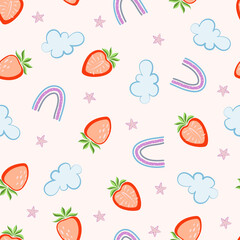 Seamless pattern with strawberries, rainbows, clouds and stars on a transparent background