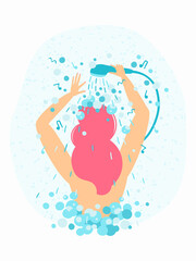 woman with pink hair sings in the shower. woman in the shower with watering can and foam bubbles.