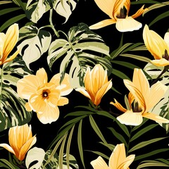 Seamless floral pattern with yellow tropical magnolia flowers with palm leaves on black background. Template design for textiles, interior, clothes, wallpaper. Botanical art. Engraving style.