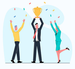 successful businessman won business award prize and holds a cup above his head around team woman and man are flying confetti vector flat illustration