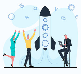 a businessman sits on a big startup sign and works on his laptop, a businesswoman stands next to him and watches a rocket launch flat vector illustration